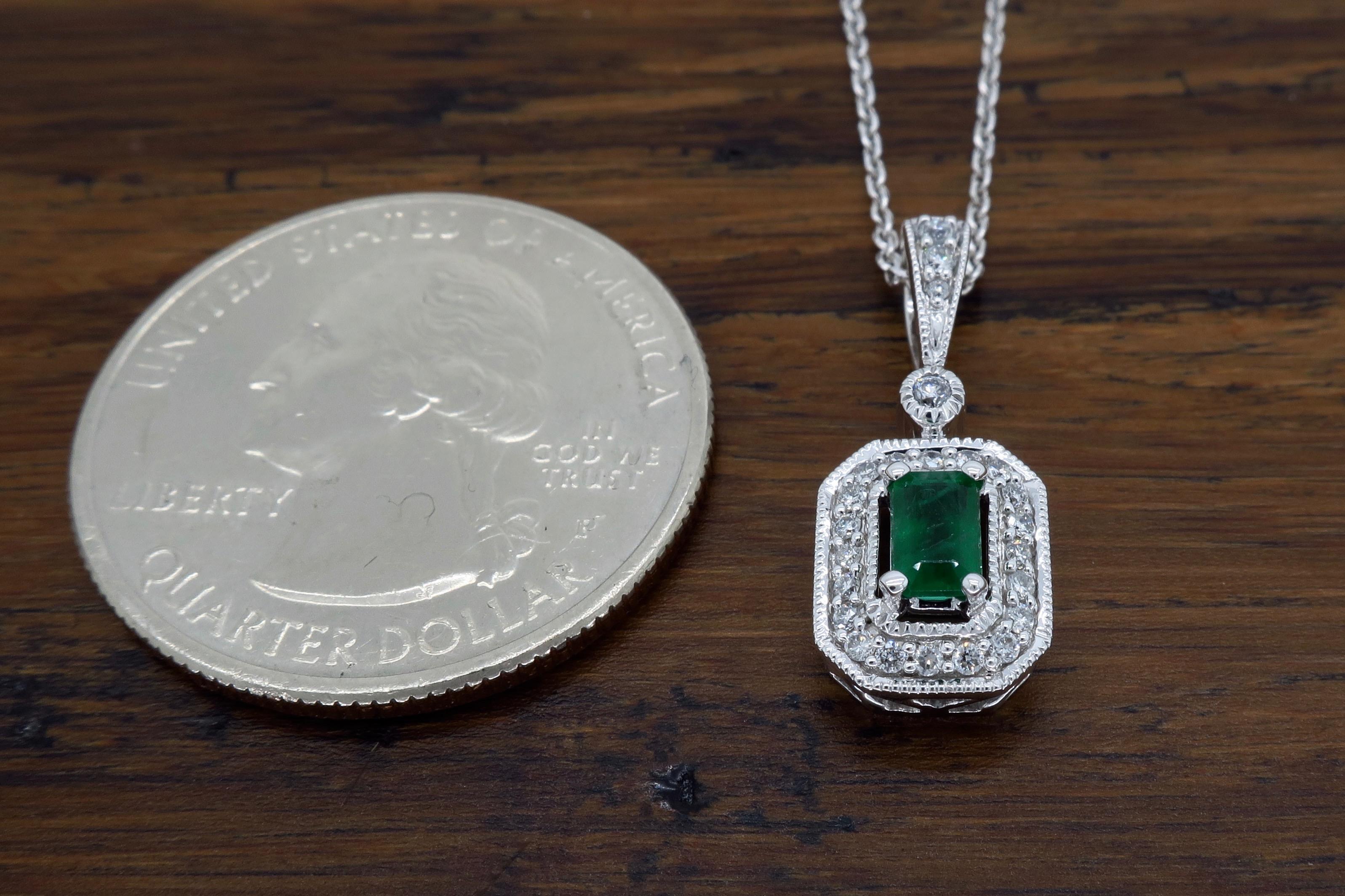 Women's or Men's Emerald and Diamond Halo Pendant Necklace