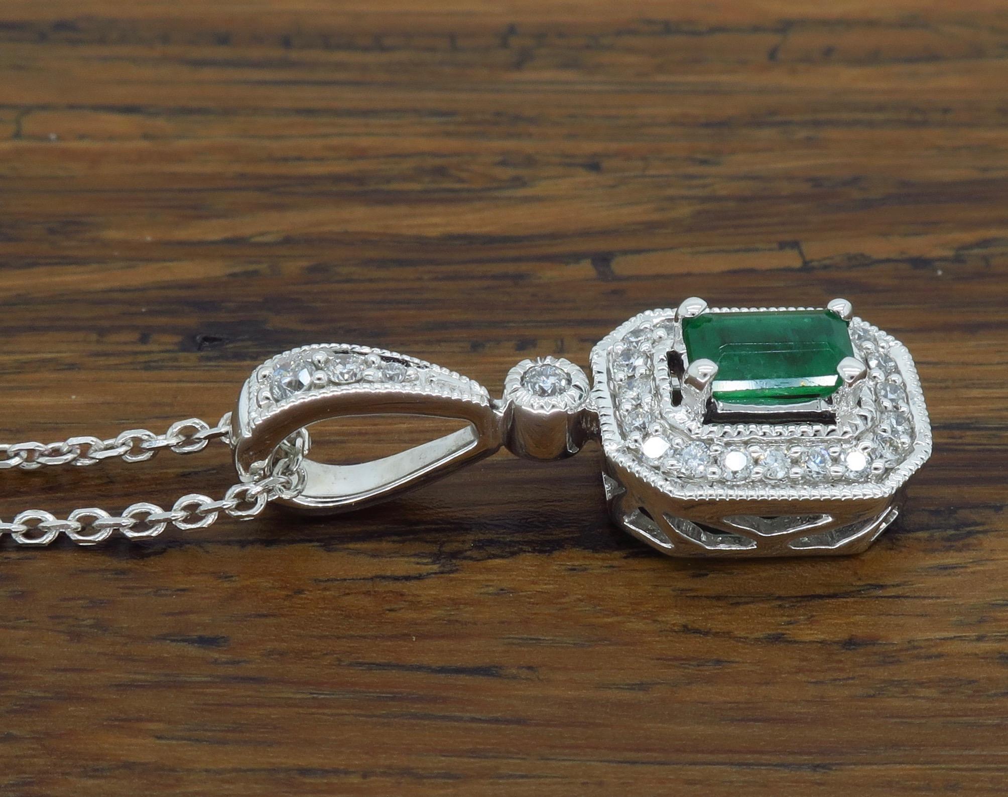 Emerald and Diamond Halo Pendant Necklace 1