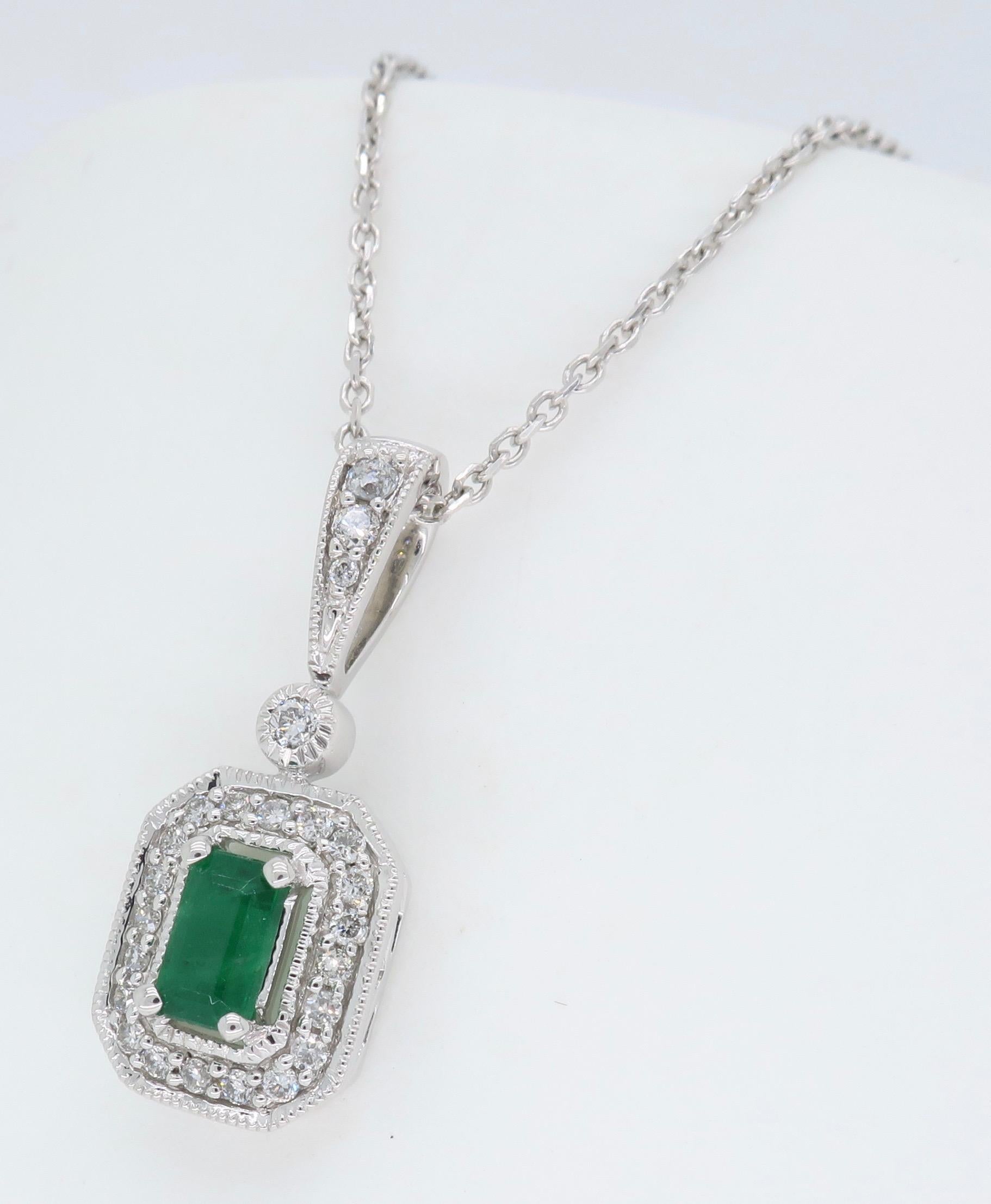 Emerald and Diamond Halo Pendant Necklace 2