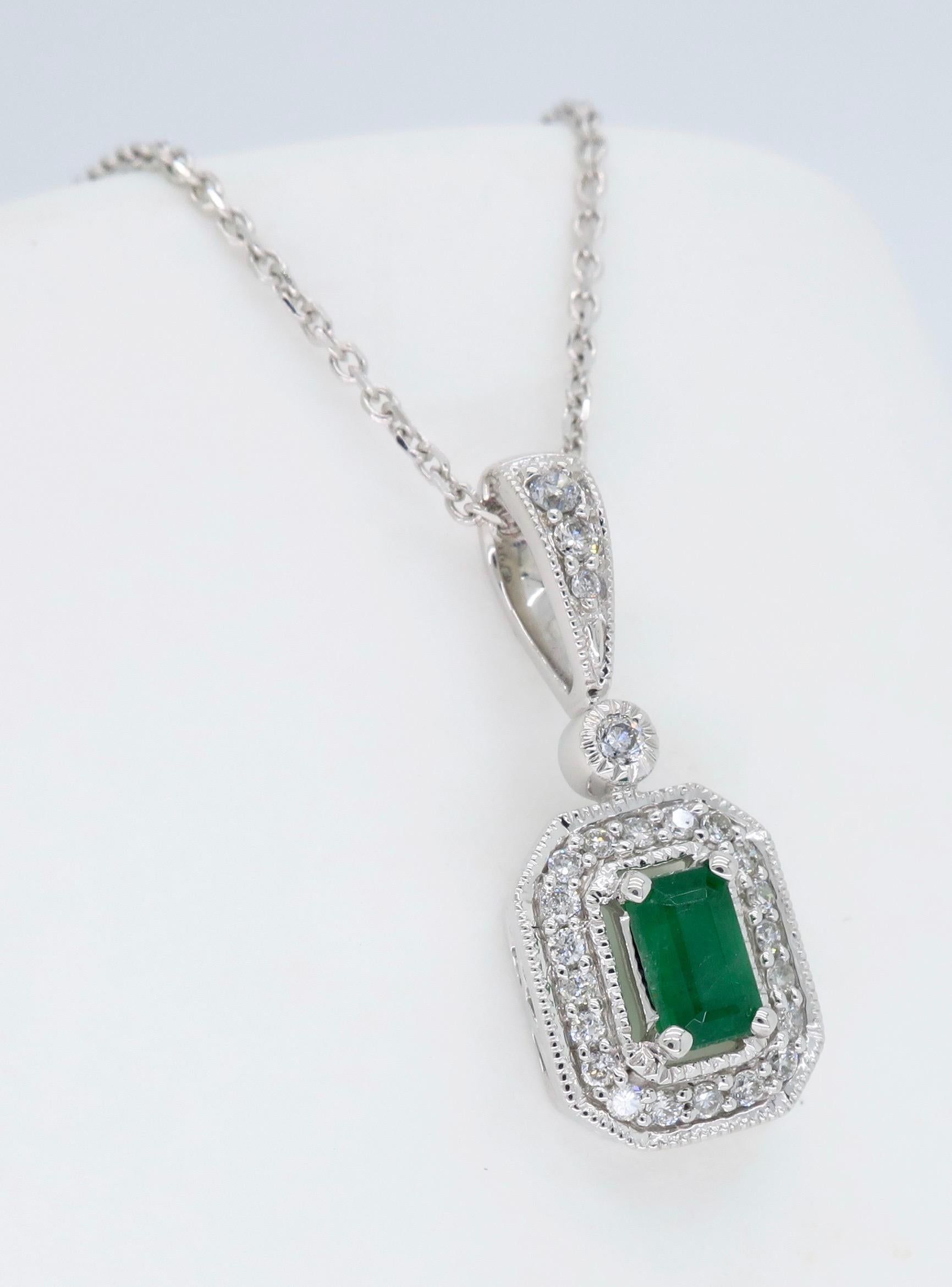 Emerald and Diamond Halo Pendant Necklace 3