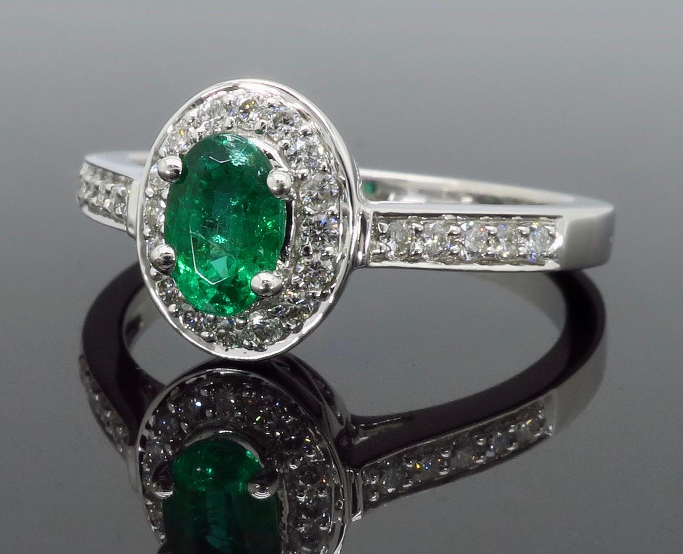 Emerald and Diamond Halo Ring In New Condition In Webster, NY