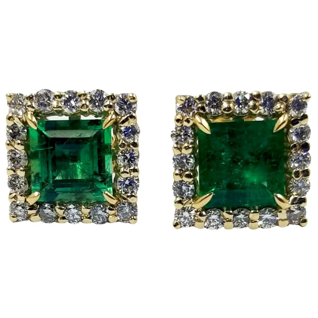 Emerald and Diamond Halo Square Stud Earrings For Sale