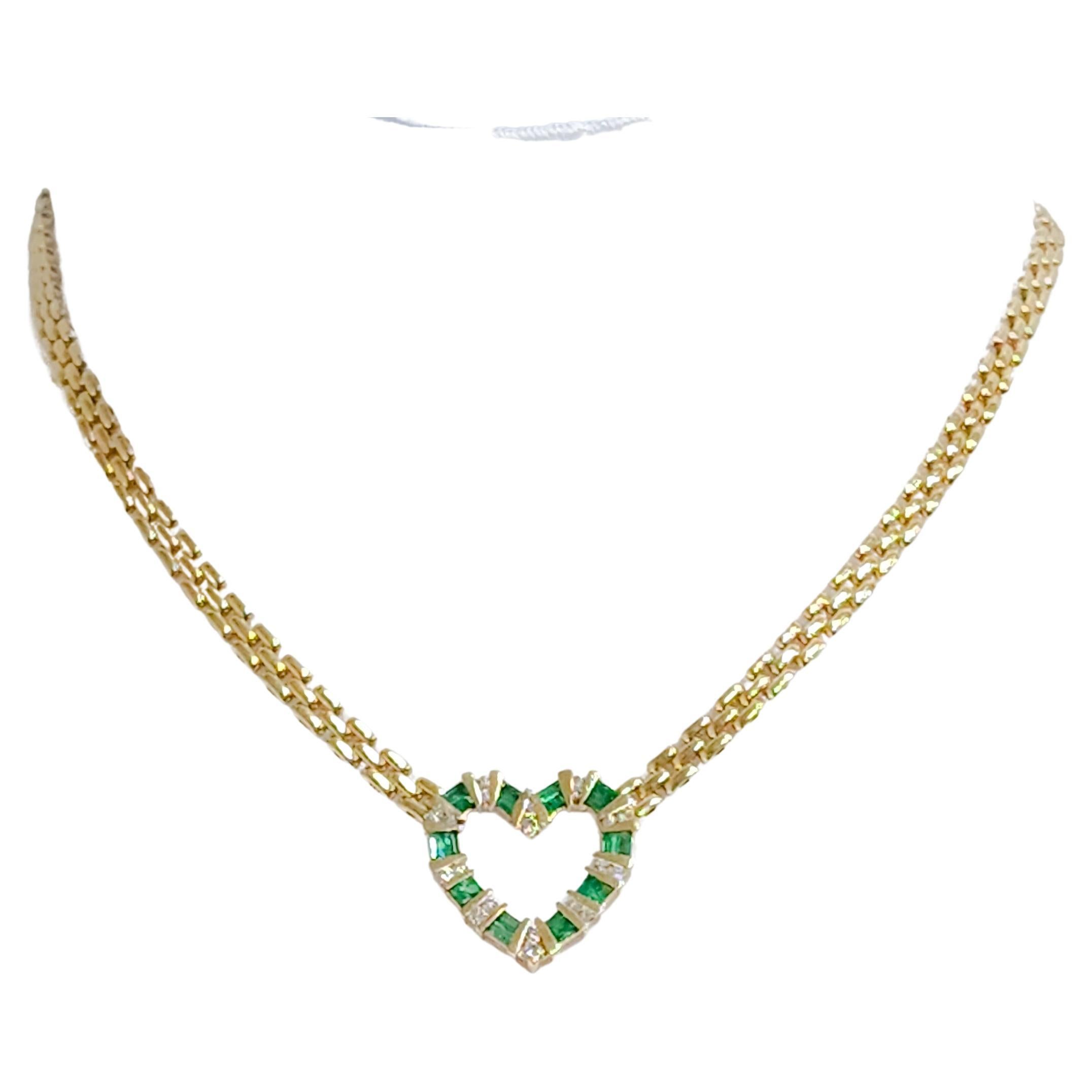 Emerald and Diamond Heart Necklace in 14k Yellow Gold For Sale at 1stDibs