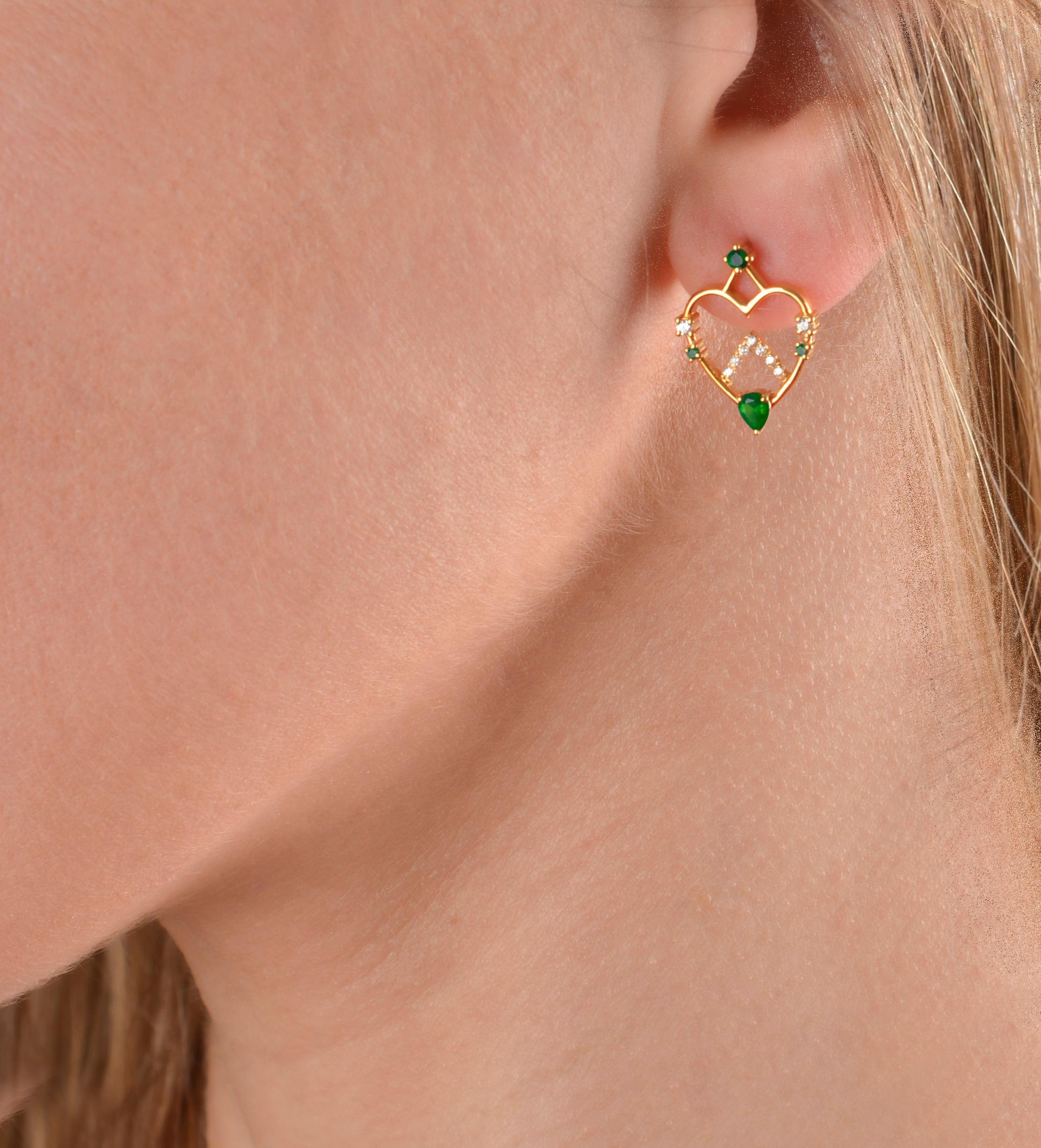Contemporary Emerald and Diamond Heart Shaped Stud Earrings in 18 Karat Gold