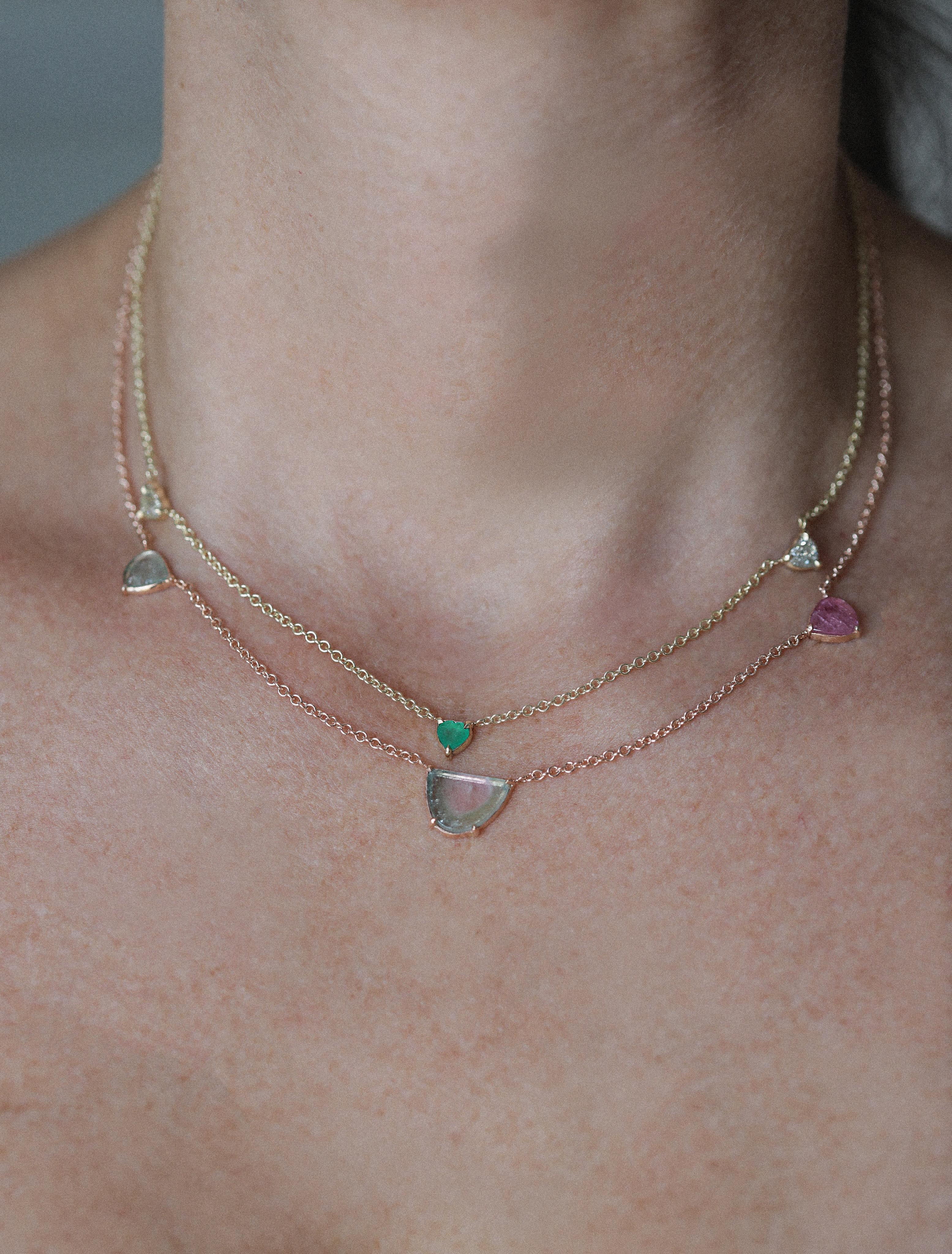 Heart Cut Emerald and Diamond Heart Yellow Gold Chain Choker Necklace For Sale