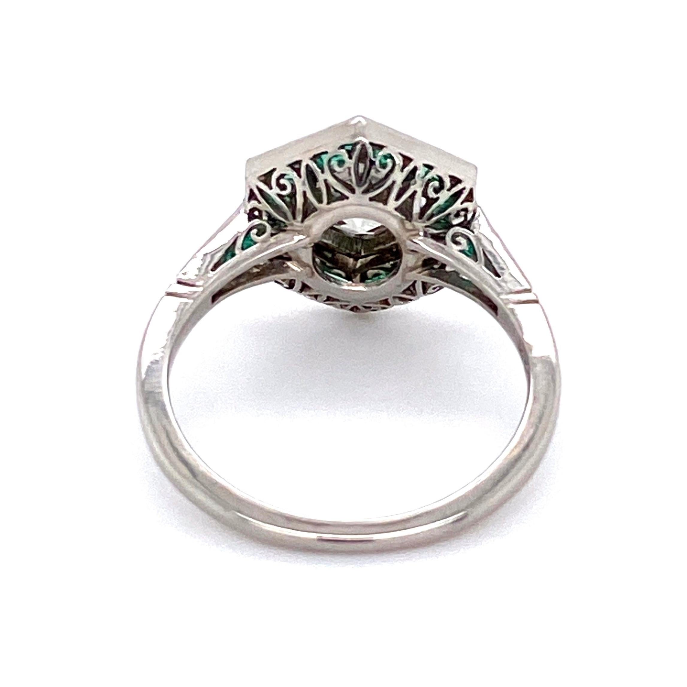 Mixed Cut Emerald and Diamond Hexagon Art Deco Style Platinum Ring Fine Estate Jewelry