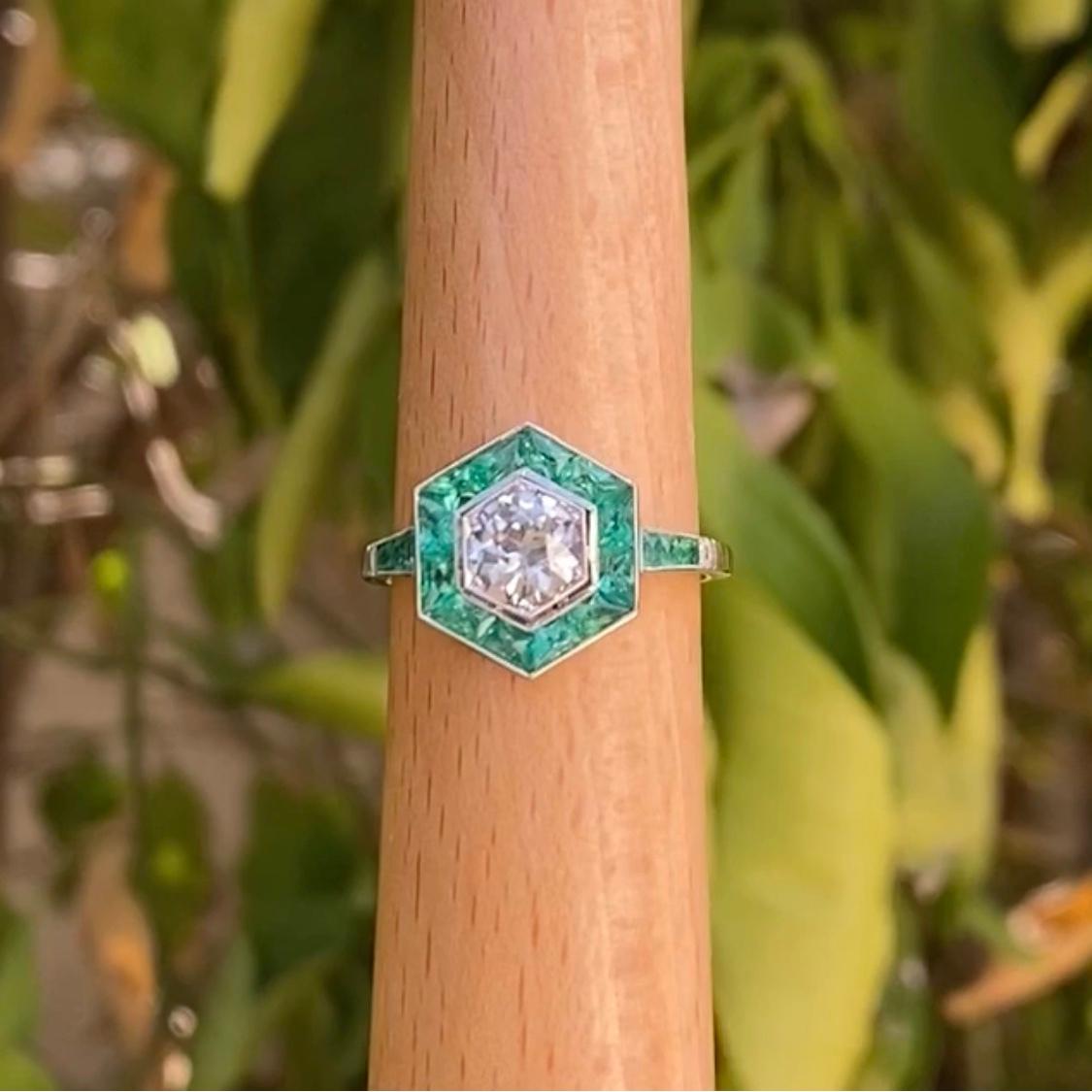 Emerald and Diamond Hexagon Art Deco Style Platinum Ring Fine Estate Jewelry 1