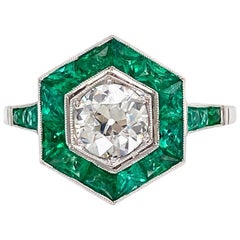 Vintage Emerald and Diamond Hexagon Art Deco Style Platinum Ring Fine Estate Jewelry