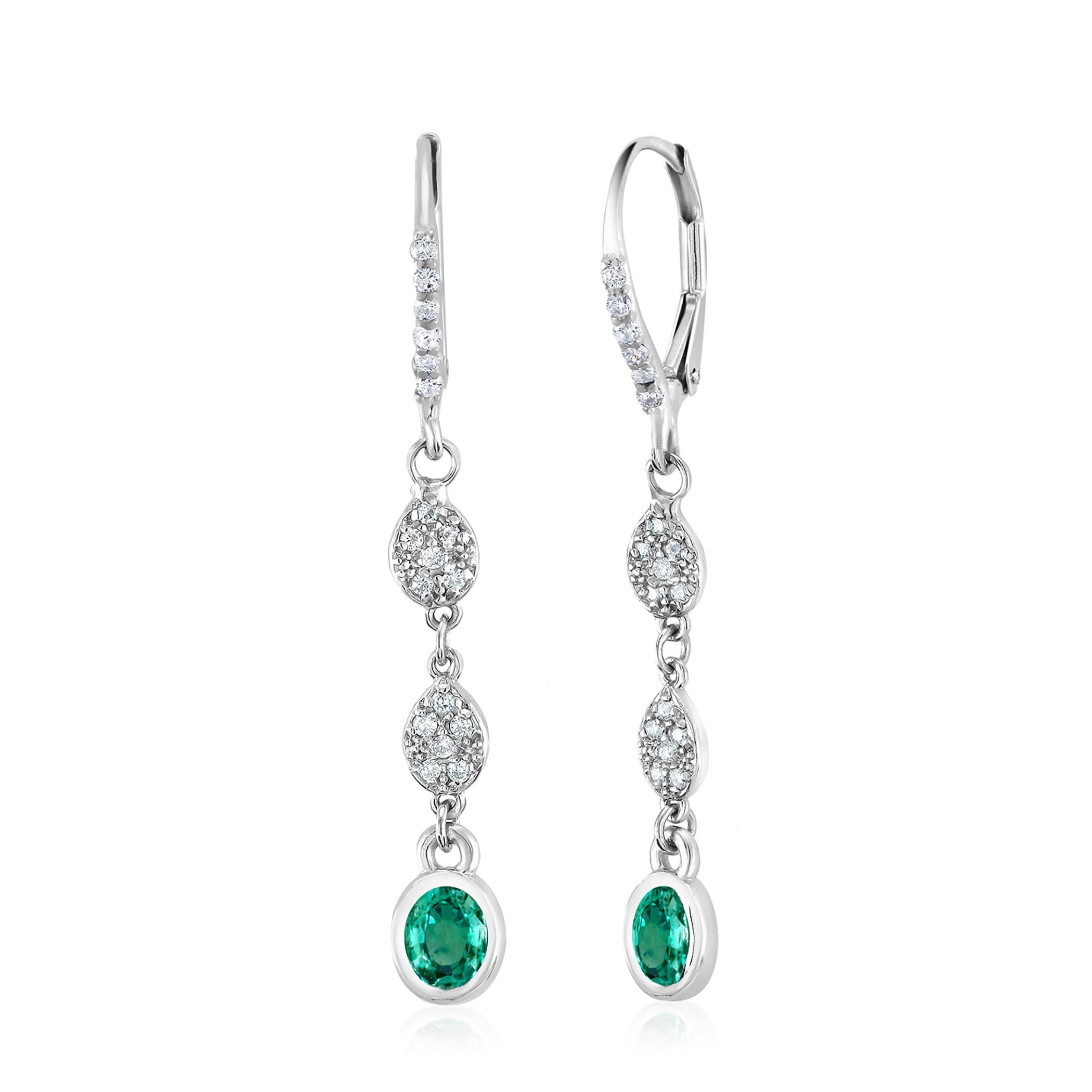 Women's Emerald and Diamond Hoop Drop Earrings Weighing 1.40 Carat