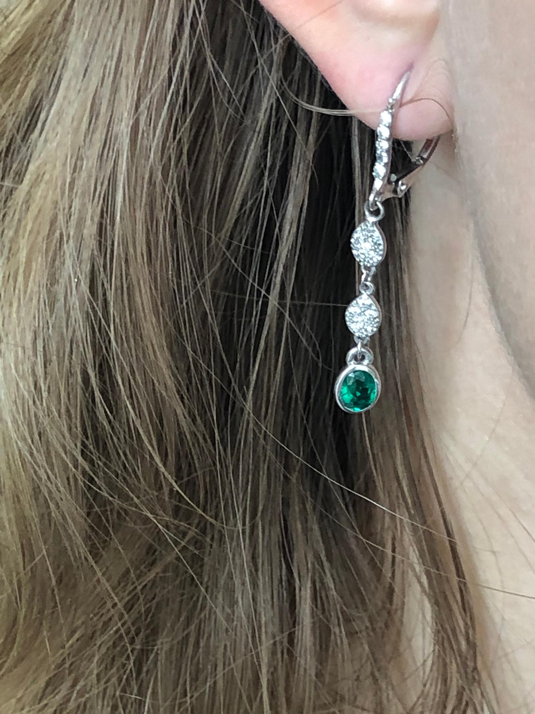 Emerald Cut Emerald and Diamond Hoop Drop Earrings Weighing 1.40 Carat