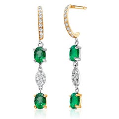 Emerald and Diamond Hoop Drop Gold Earrings Weighing 2.57 Carat