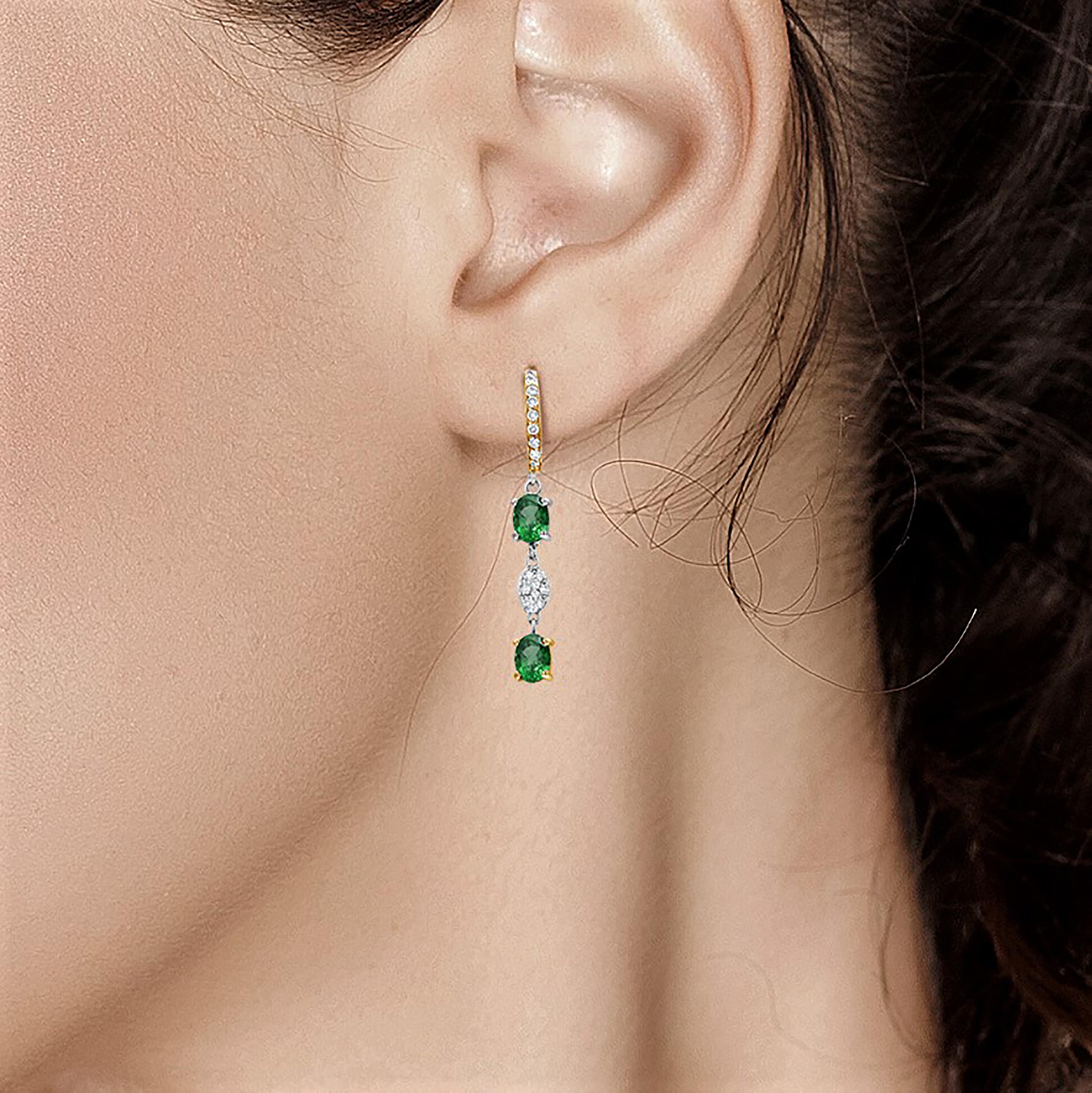 Contemporary Emerald and Diamond Hoop Drop Gold Earrings Weighing 2.57 Carat