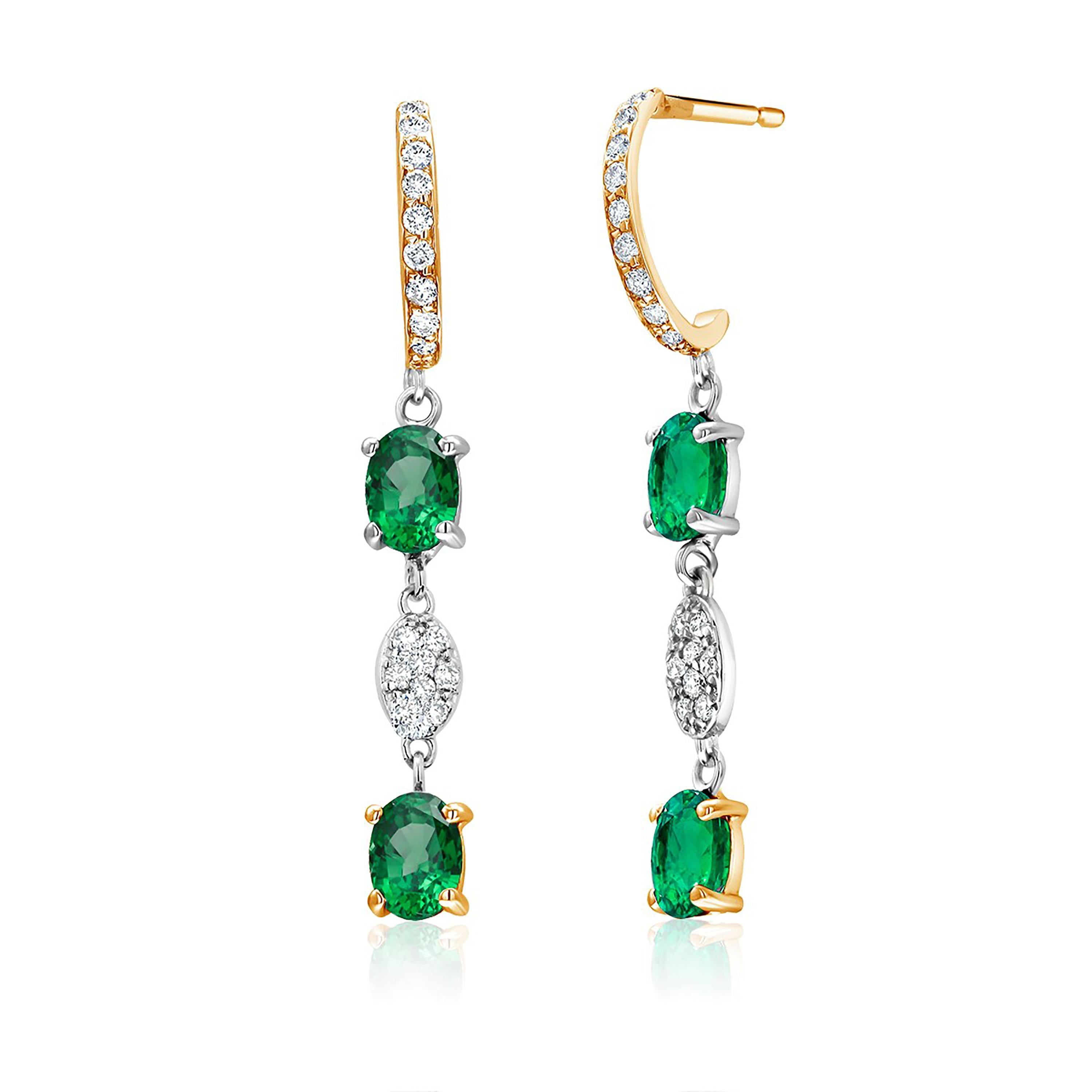 Oval Cut Emerald and Diamond Hoop Drop Gold Earrings Weighing 2.57 Carat