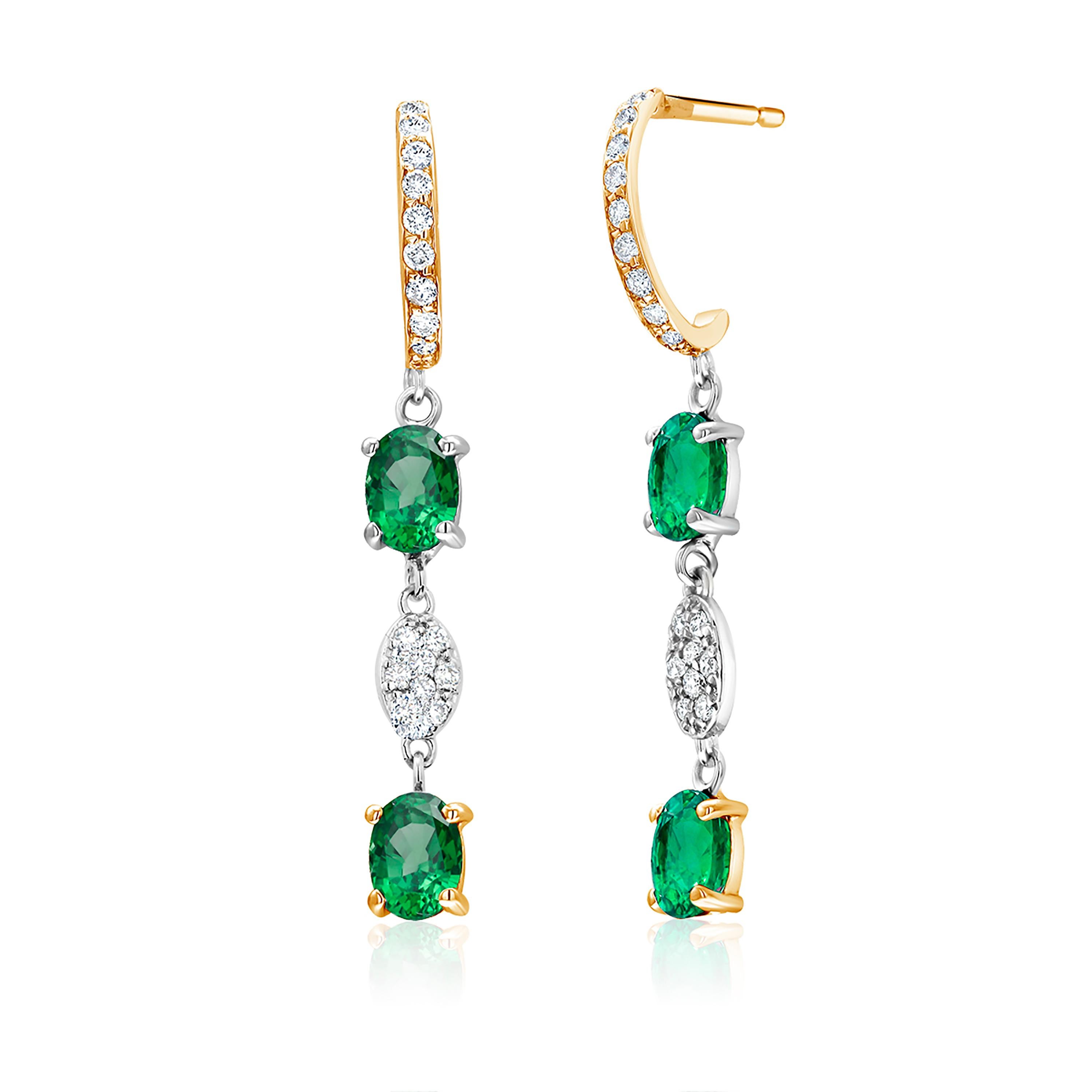 Emerald and Diamond Hoop Drop Gold Earrings Weighing 2.57 Carat In New Condition In New York, NY