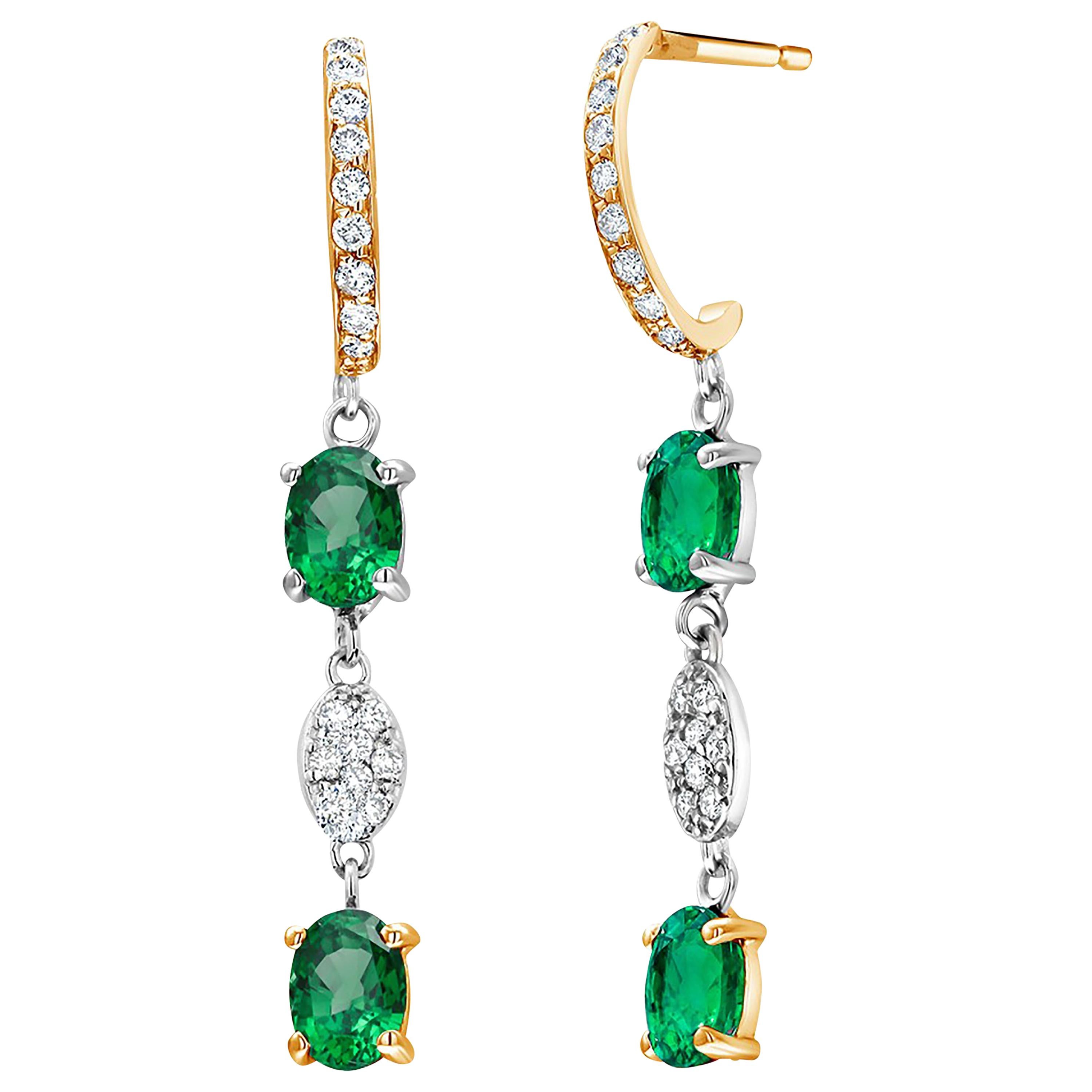 Emerald and Diamond Hoop Drop Gold Earrings Weighing 2.57 Carat