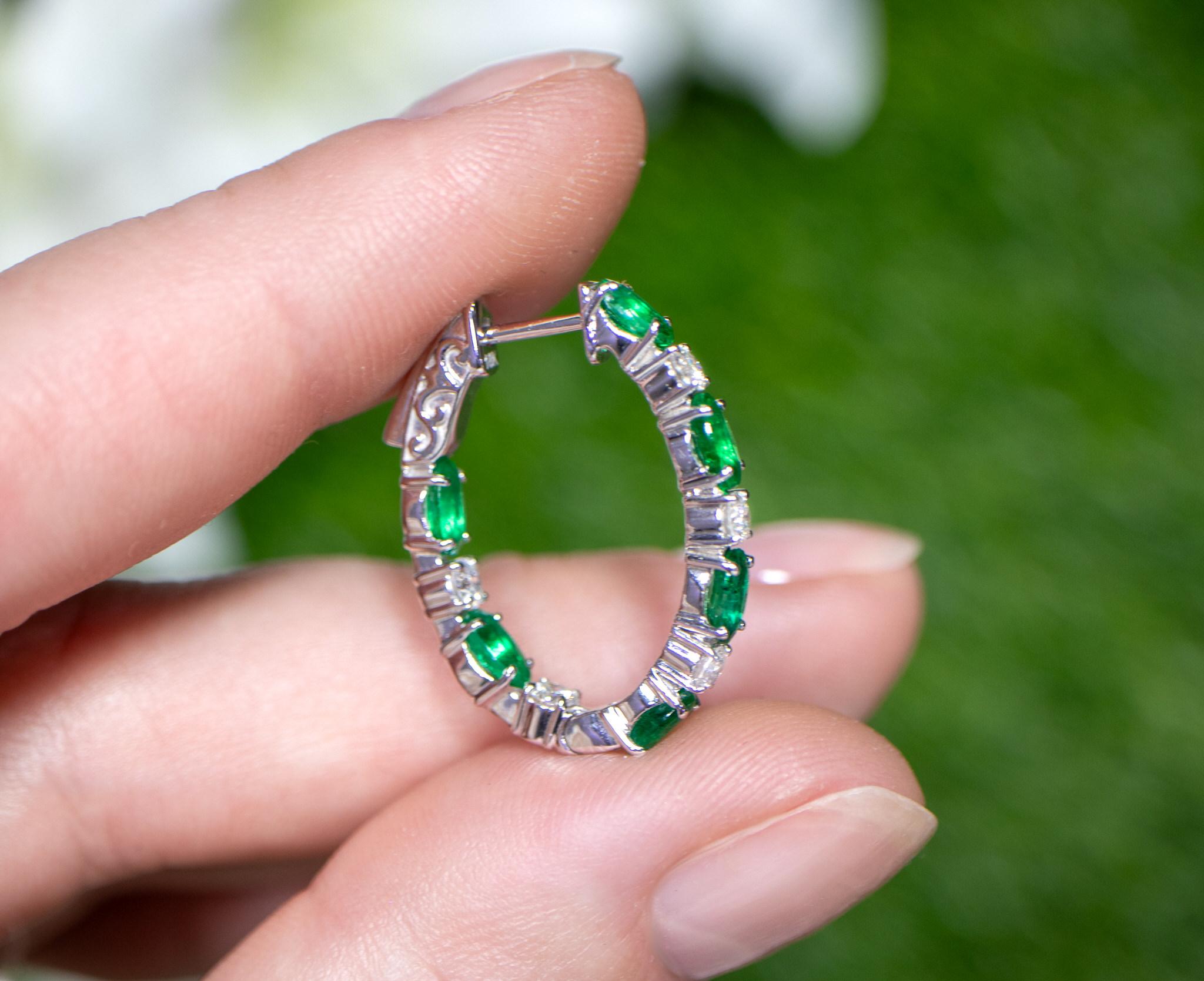 Oval Cut Emerald and Diamond Hoop Earrings 3 Carats 18K Gold For Sale