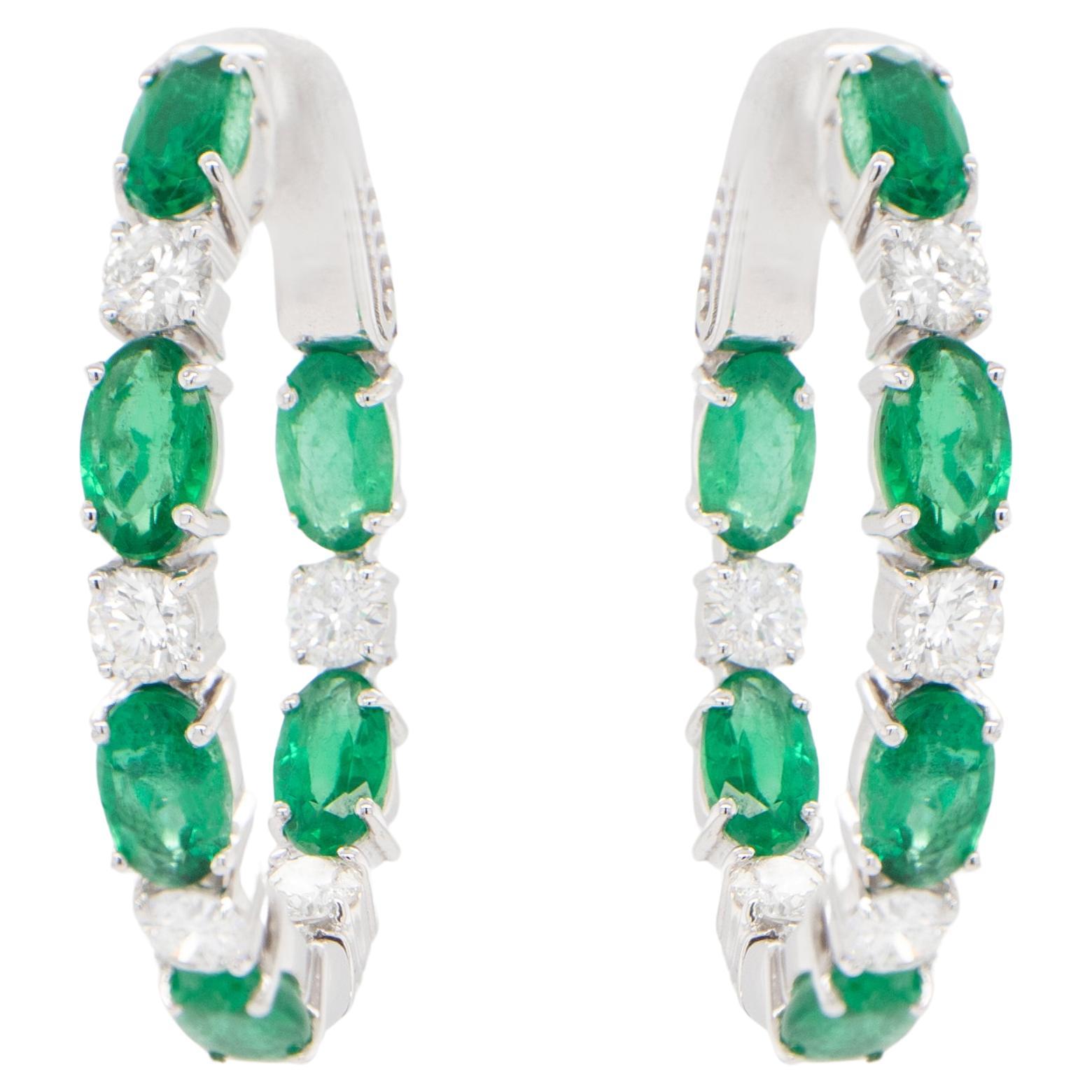 Emerald and Diamond Hoop Earrings 3 Carats 18K Gold For Sale