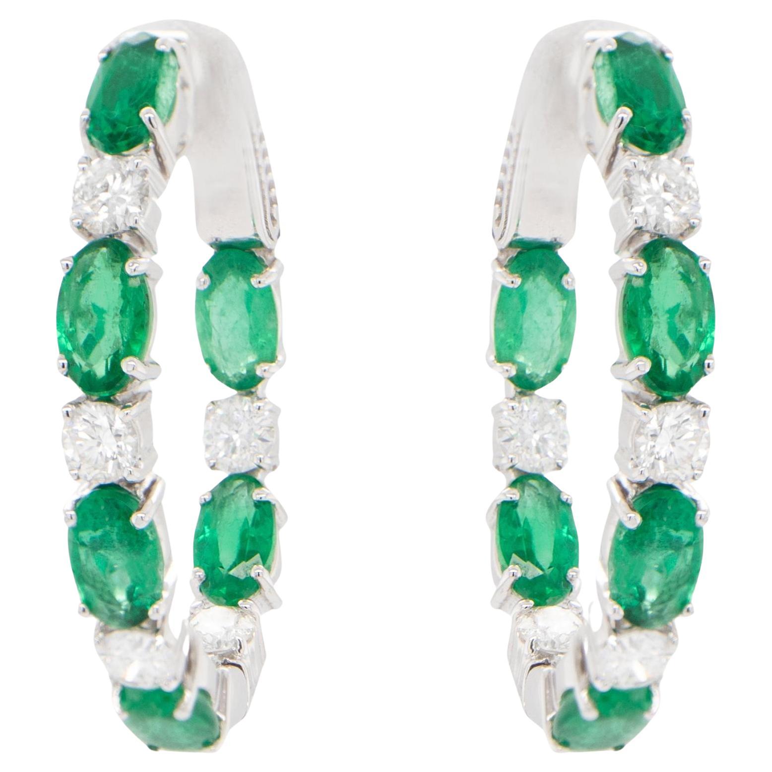 Emerald and Diamond Hoop Earrings 3 Carats 18K Gold For Sale