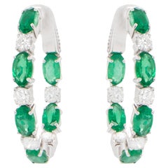 Emerald and Diamond Hoop Earrings 3 Carats 18K Gold