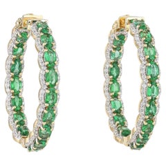 Emerald and Diamond Hoop Earrings in 18K Yellow Gold