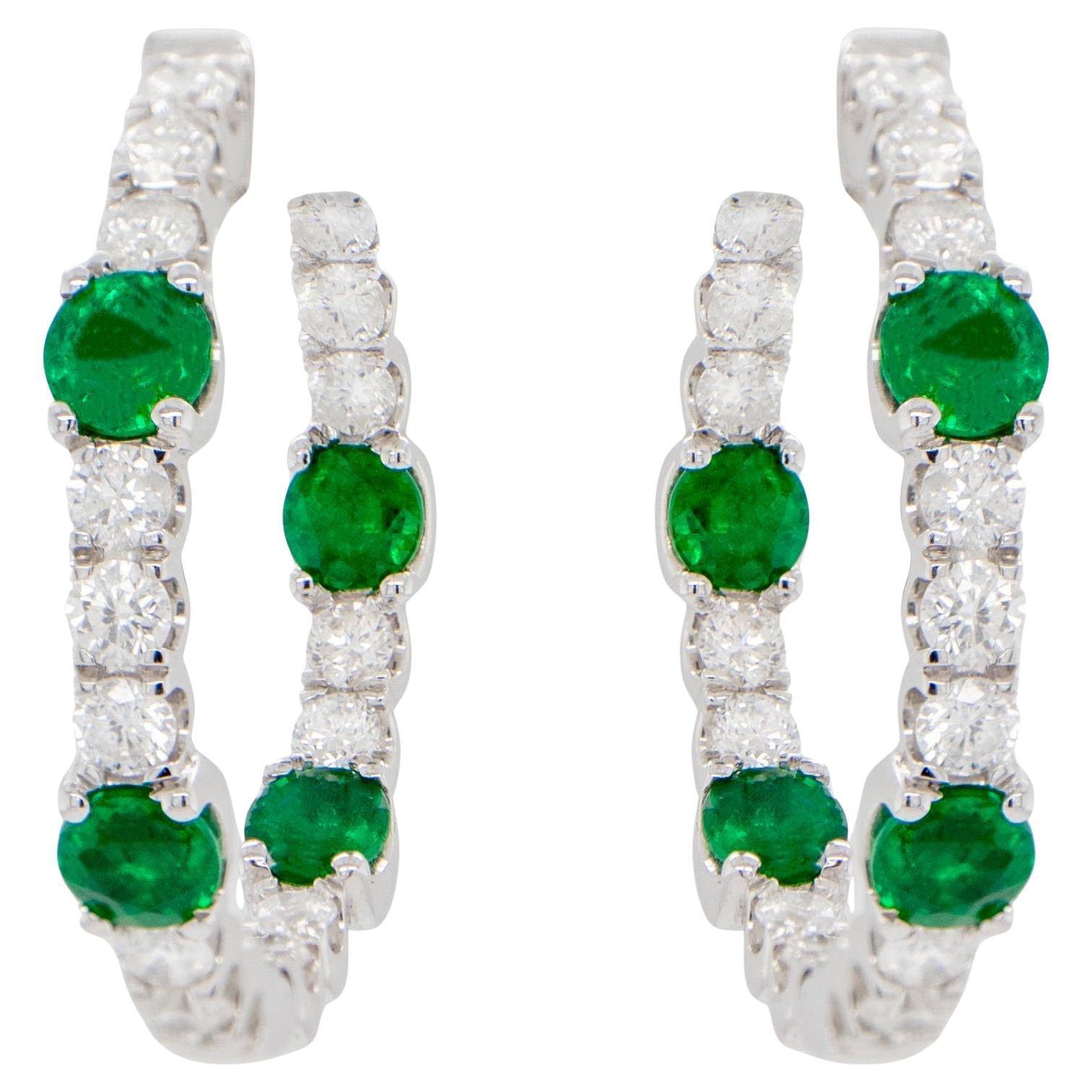 Emerald and Diamond Hoop Earrings Round Cut 2.76 Carats 18K Gold For Sale