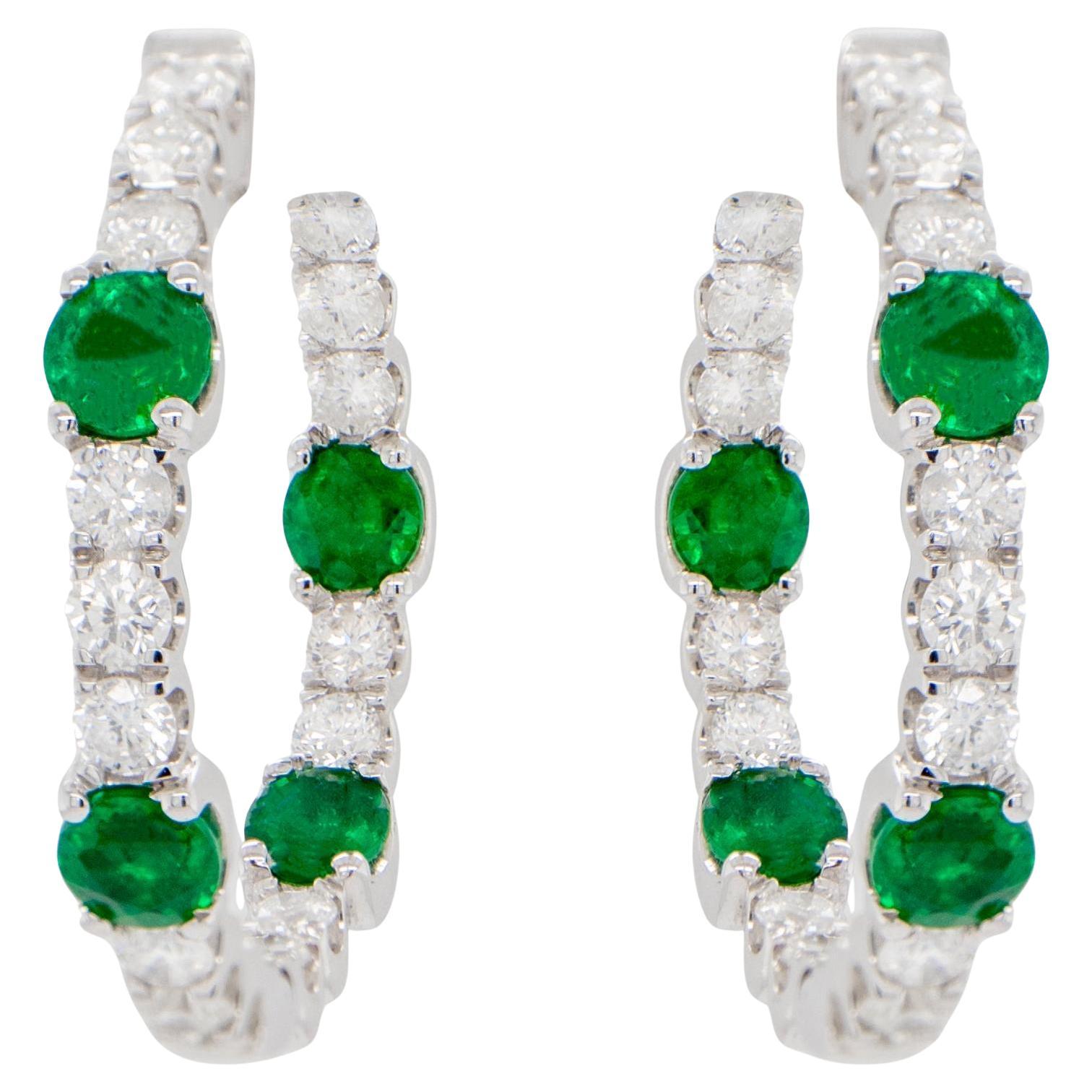 Emerald and Diamond Hoop Earrings Round Cut 2.76 Carats 18K Gold