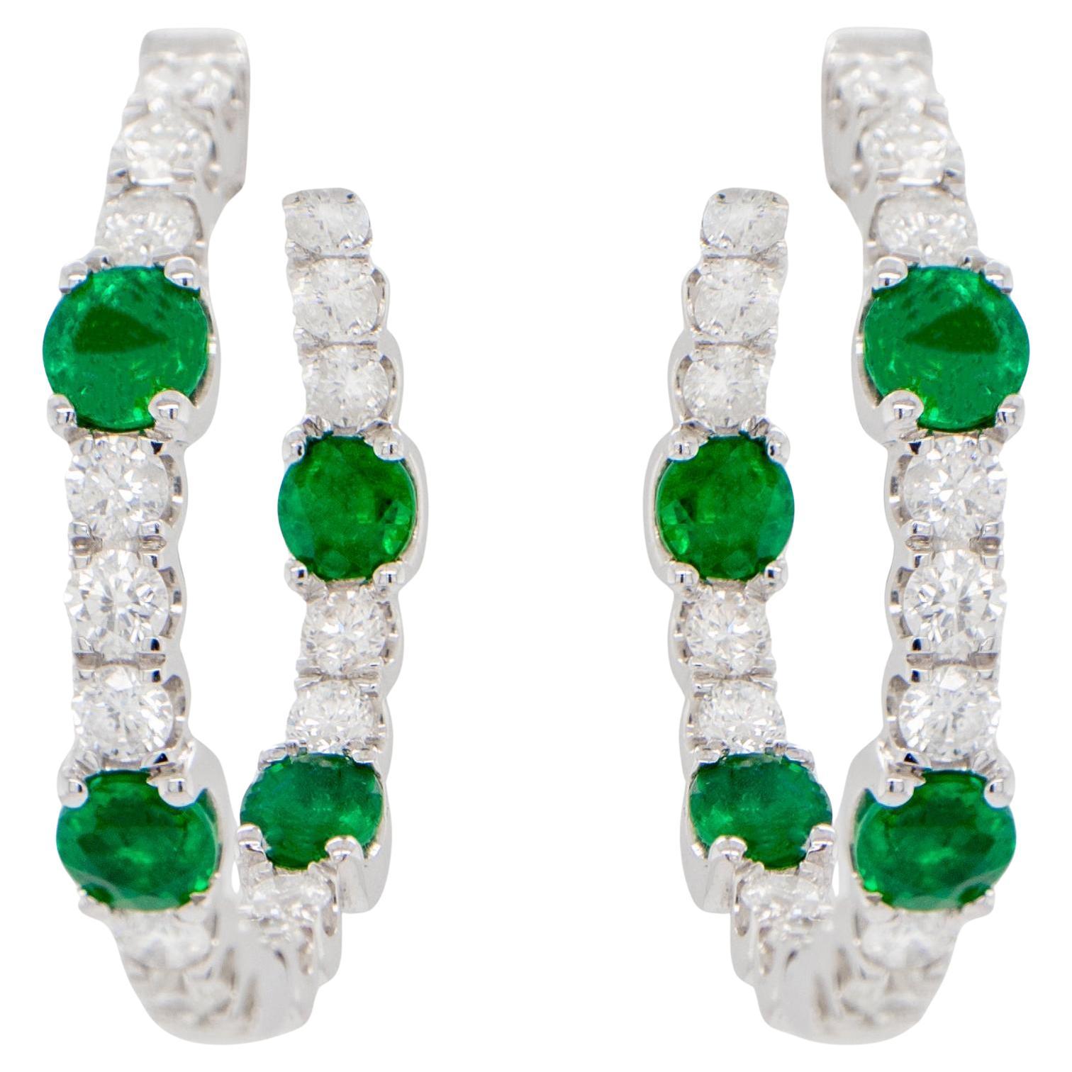 Emerald and Diamond Hoop Earrings Round Cut 2.76 Carats 18K Gold For Sale