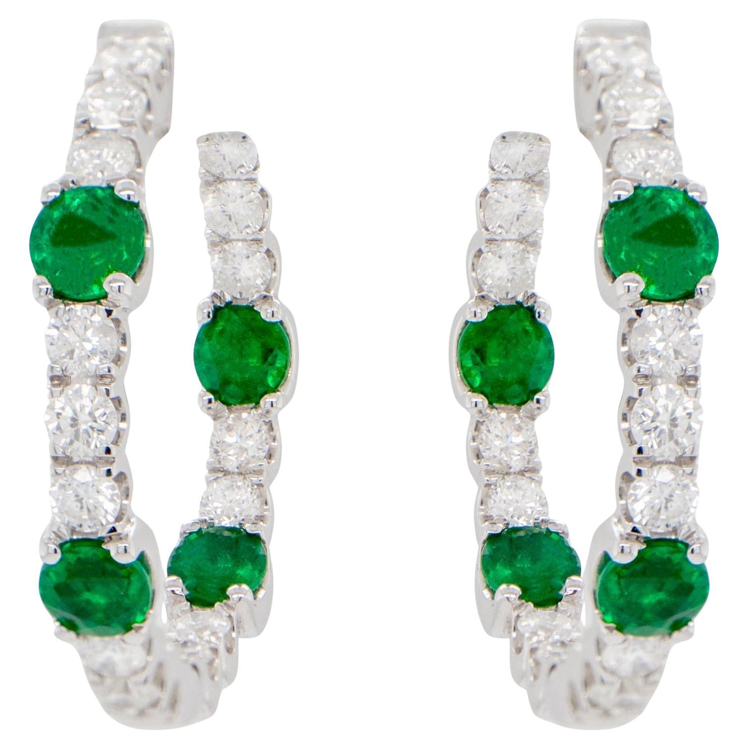 Emerald and Diamond Hoop Earrings Round Cut 2.76 Carats 18K Gold For Sale