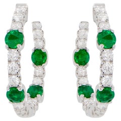 Emerald and Diamond Hoop Earrings Round Cut 2.76 Carats 18K Gold