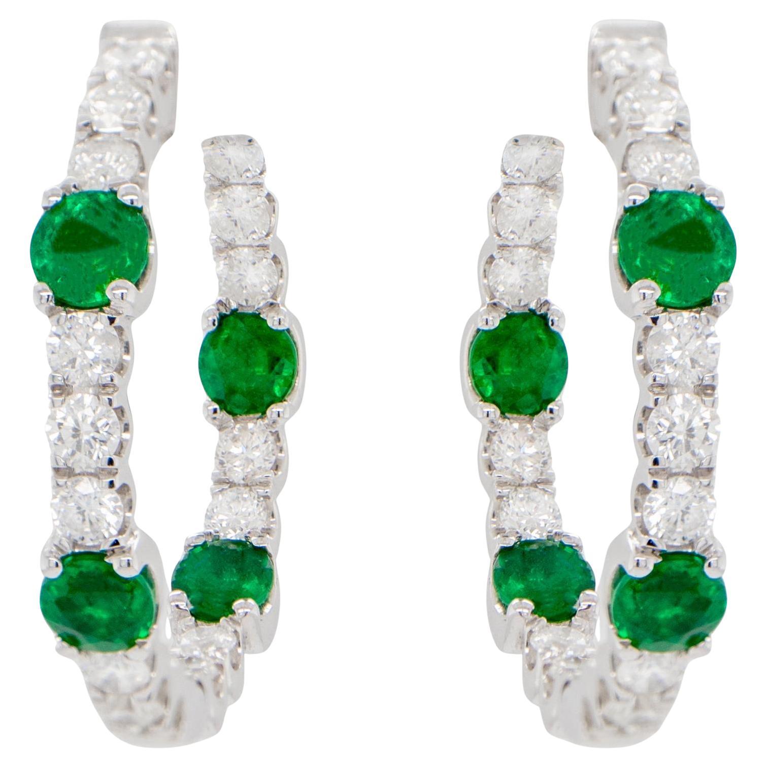 Emerald and Diamond Hoop Earrings Round Cut 2.76 Carats 18K Gold For Sale