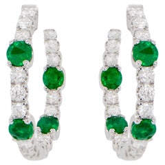 Emerald and Diamond Hoop Earrings Round Cut 2.76 Carats 18K Gold