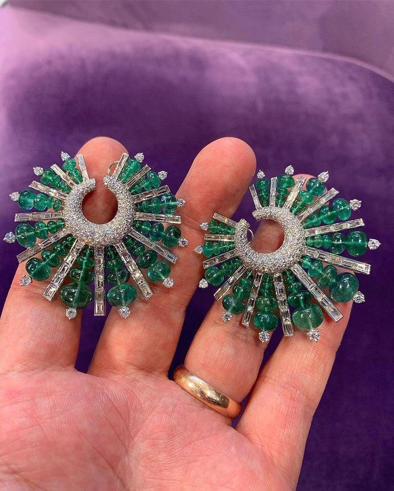 Modern Emerald and Diamond Hoop Spike Earrings For Sale