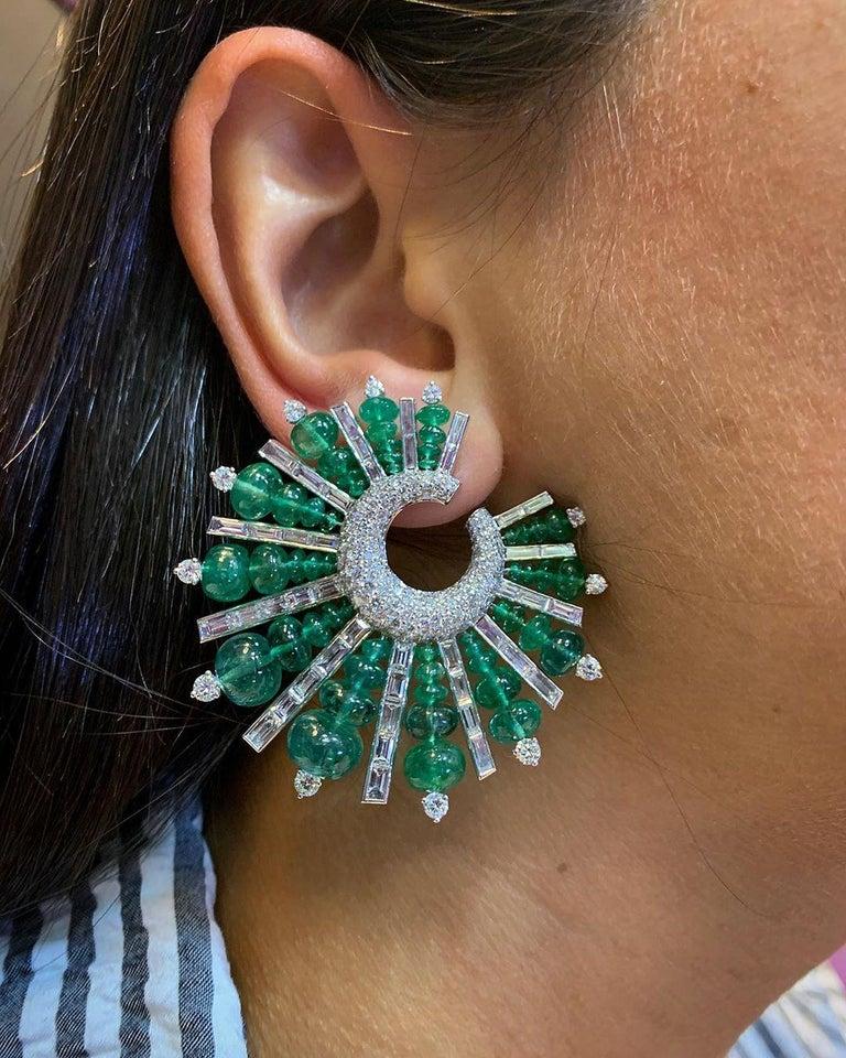 Emerald Cut Emerald and Diamond Hoop Spike Earrings For Sale