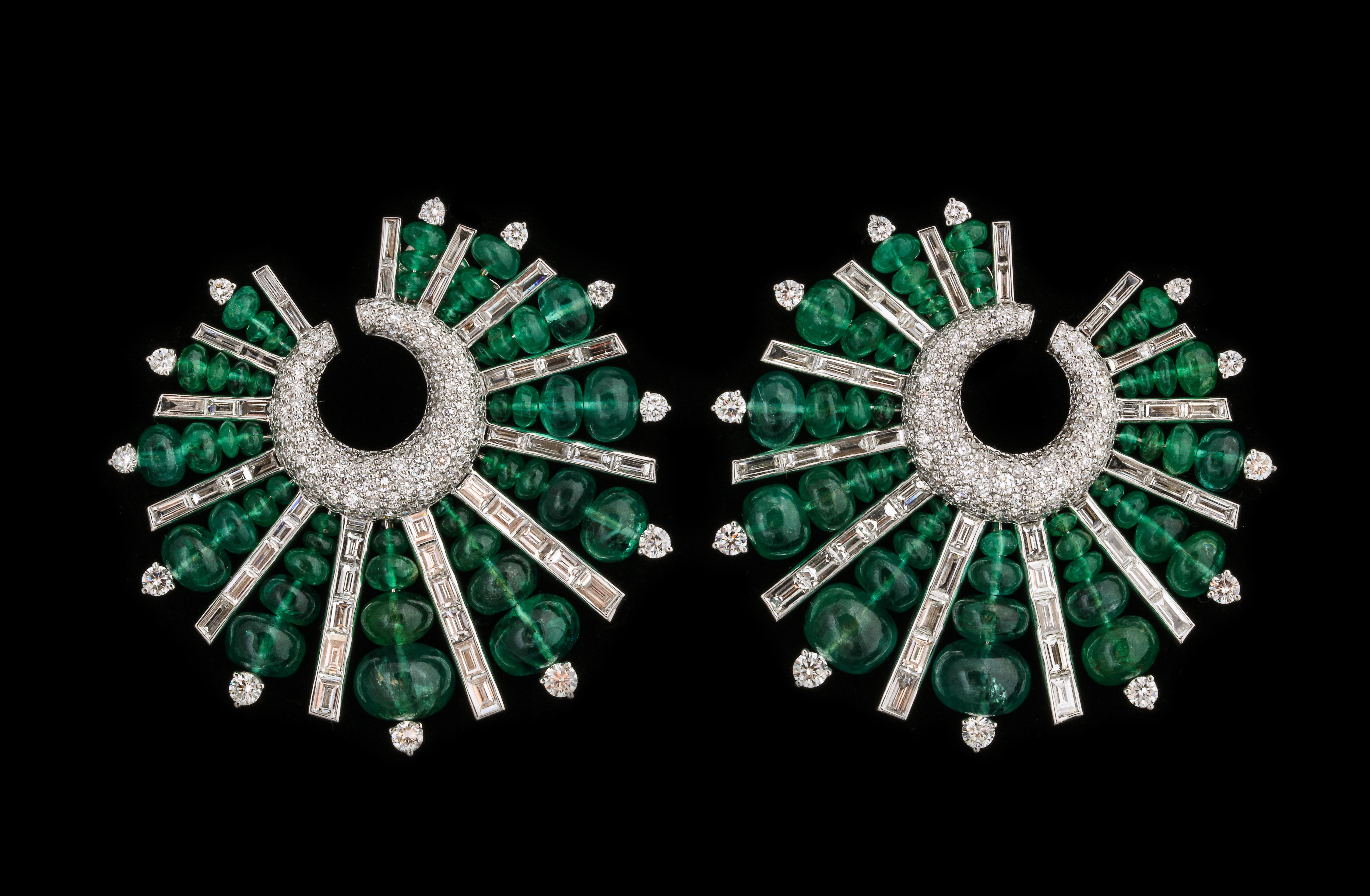 Women's or Men's Emerald and Diamond Hoop Spike Earrings For Sale
