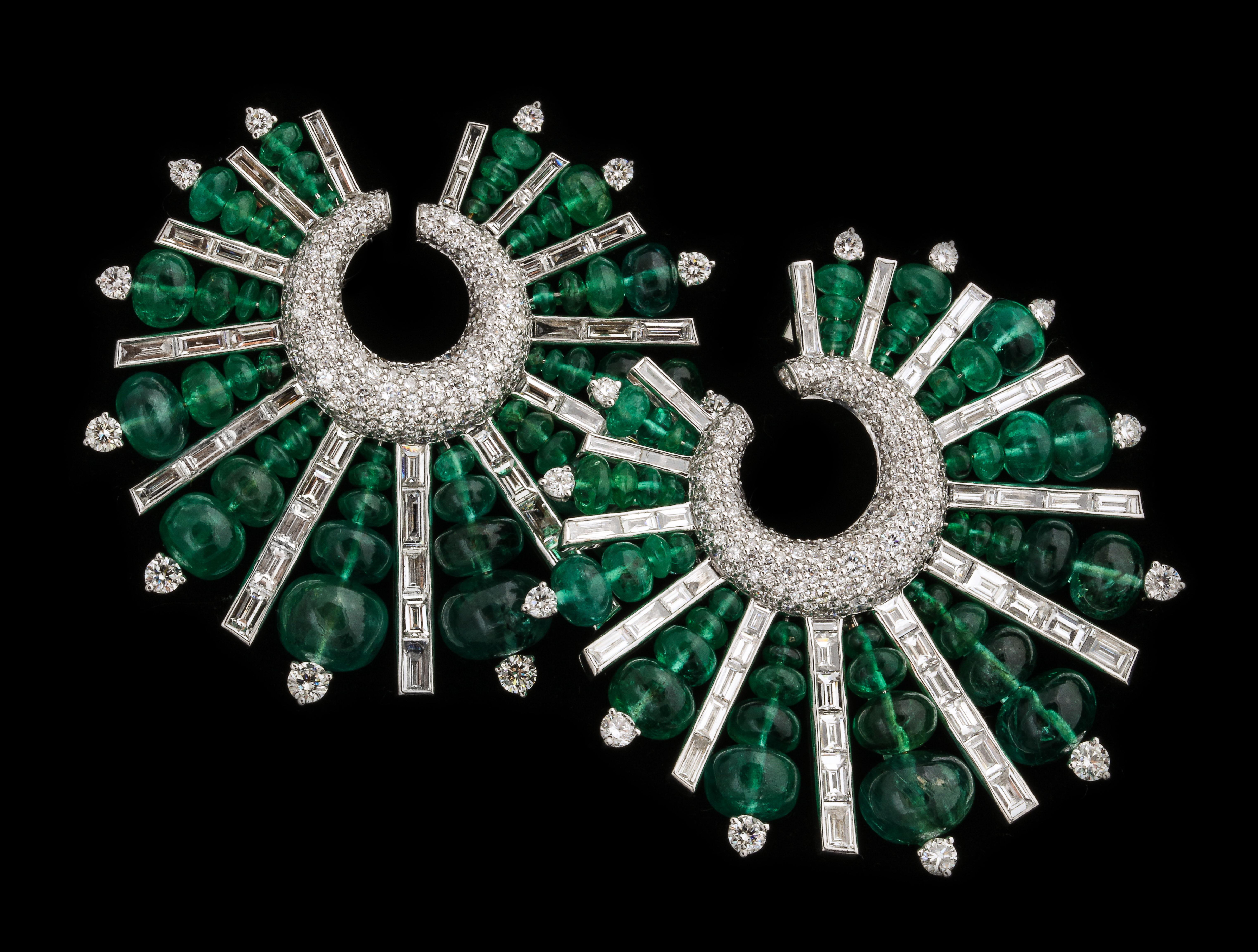 Emerald and Diamond Hoop Spike Earrings For Sale 2
