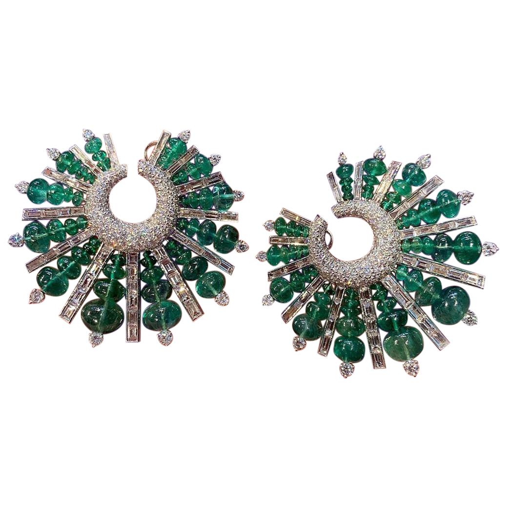 Emerald and Diamond Hoop Spike Earrings For Sale