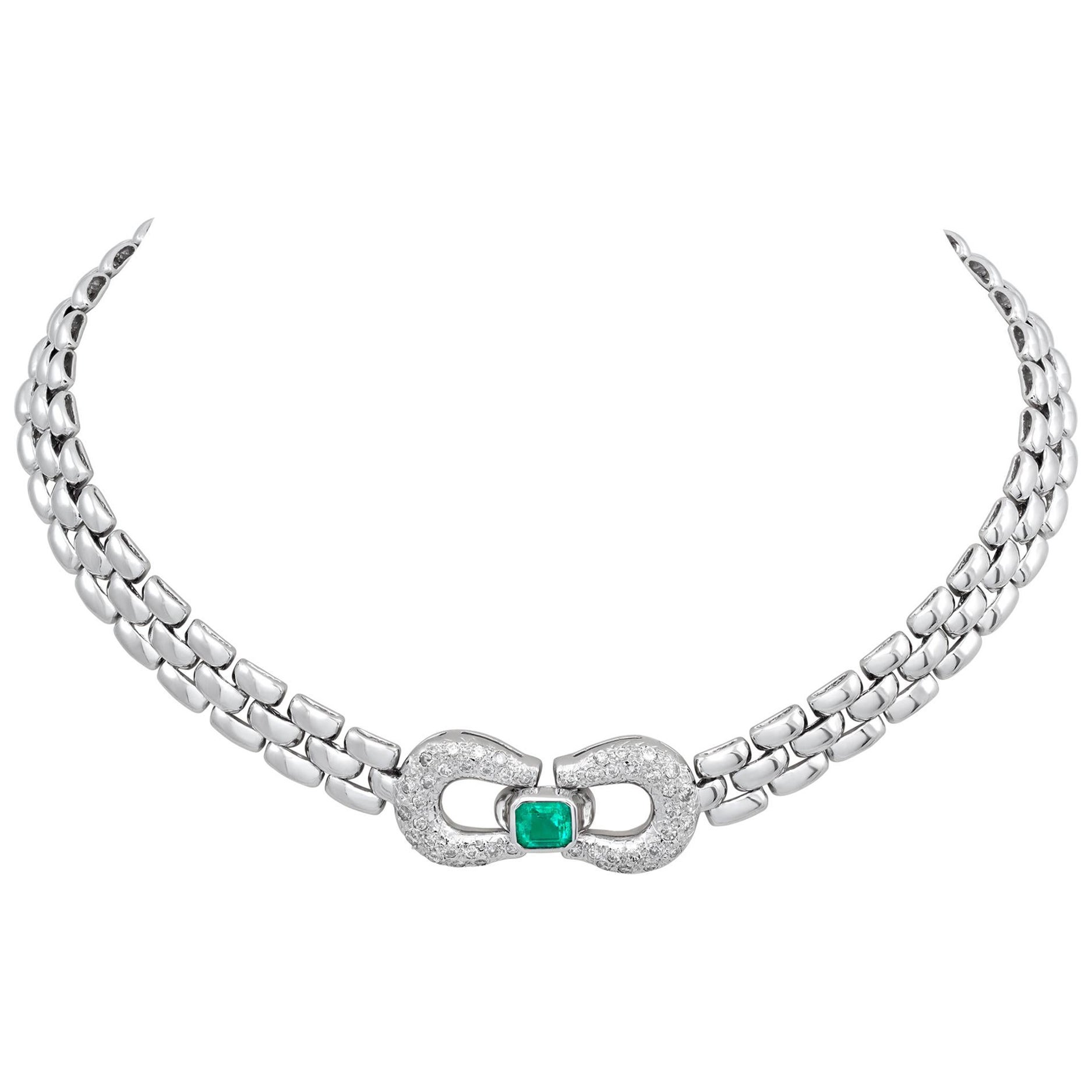Collar Esmeralda y Diamante Herradura Oro Blanco en venta