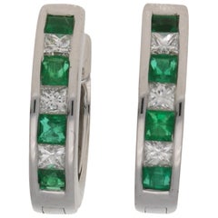 Emerald and Diamond Huggy Hoop Earrings in 18 Carat White Gold