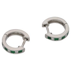 Emerald and Diamond Huggy Hoop Earrings in 18 Carat White Gold