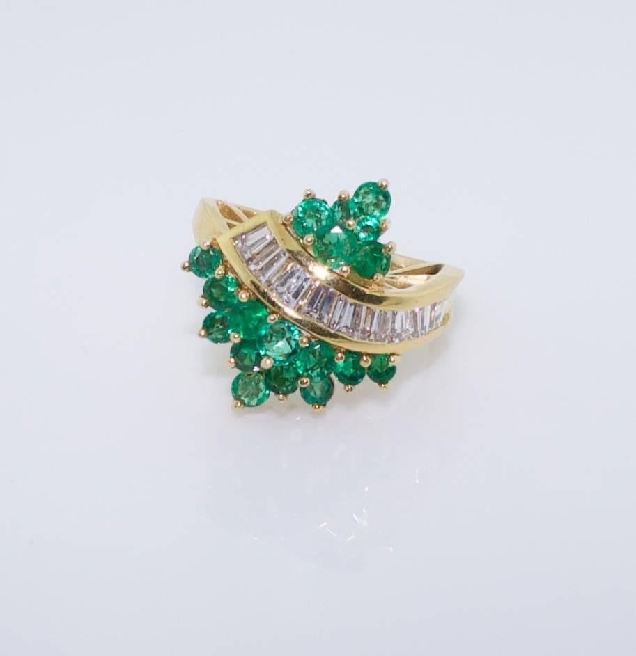 Baguette Cut Emerald and Diamond in 18 Karat Yellow Gold Ring For Sale