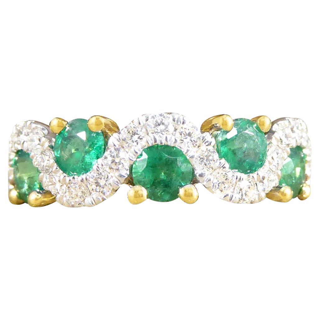 Emerald and Diamond Lazy River Band Ring in 18ct Yellow Gold For Sale