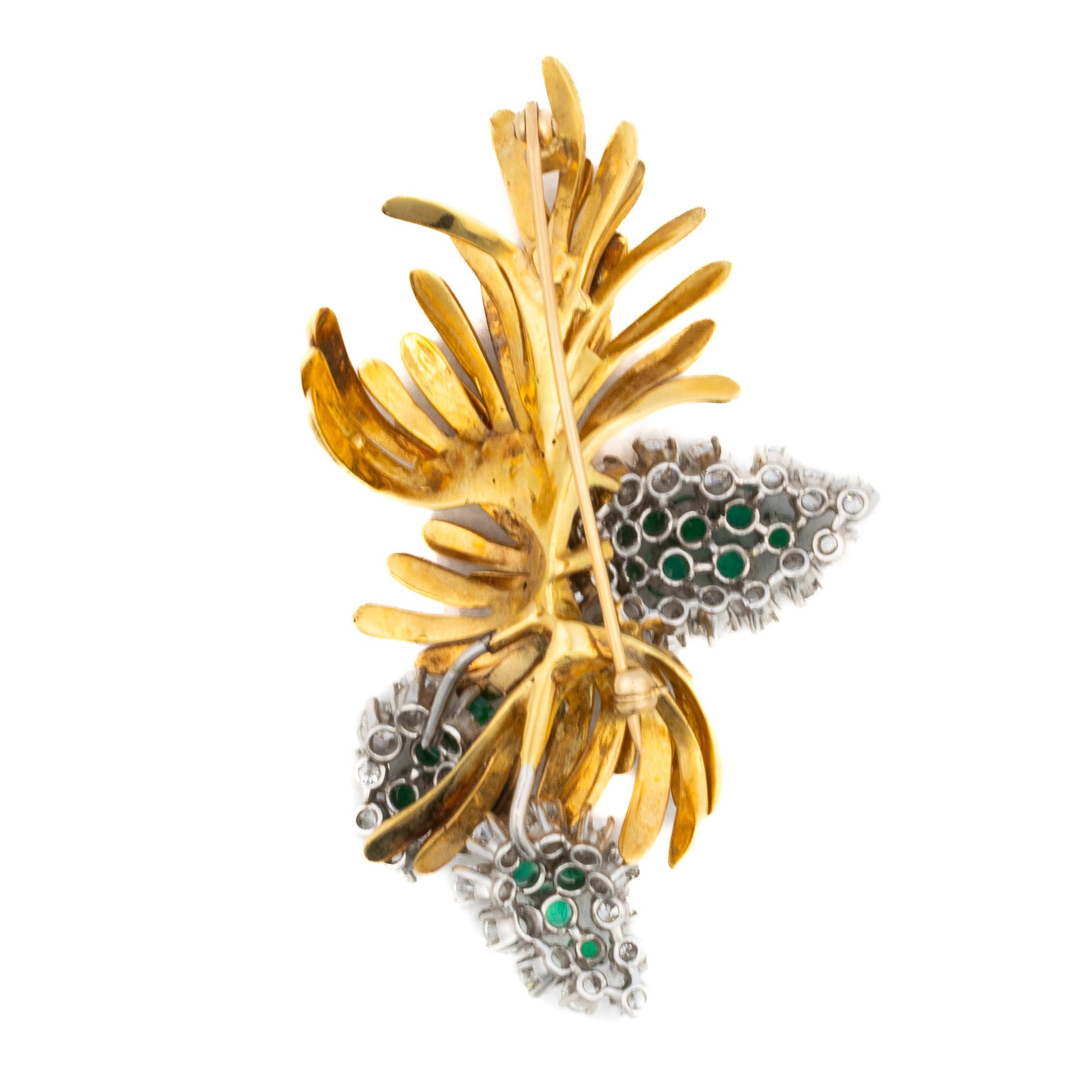 Retro Emerald and Diamond Leaf Brooch For Sale