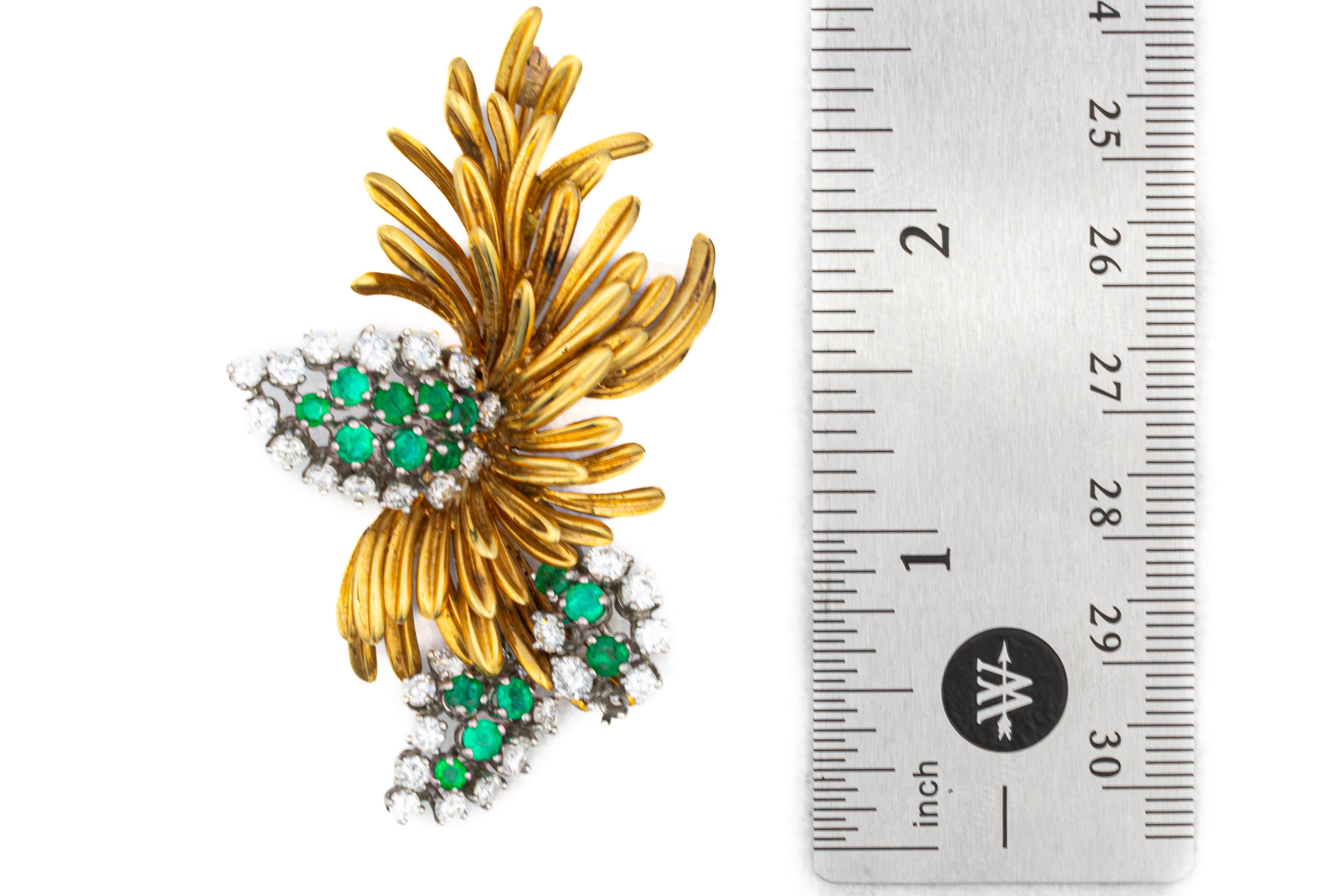 Round Cut Emerald and Diamond Leaf Brooch For Sale