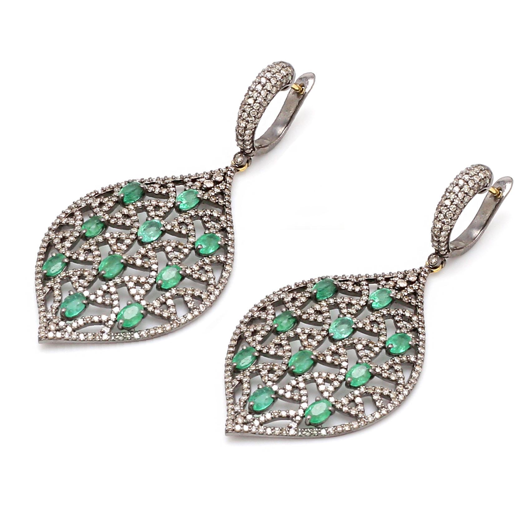 Oval Cut Emerald and Diamond Leaf Dangle Earring in Victorian Style For Sale