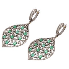 Emerald and Diamond Leaf Dangle Earring in Victorian Style
