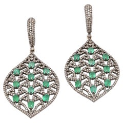 Emerald and Diamond Leaf Dangle Earring in Victorian Style