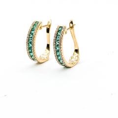 Emerald and Diamond Lever Back Earrings in 14k Yellow Gold