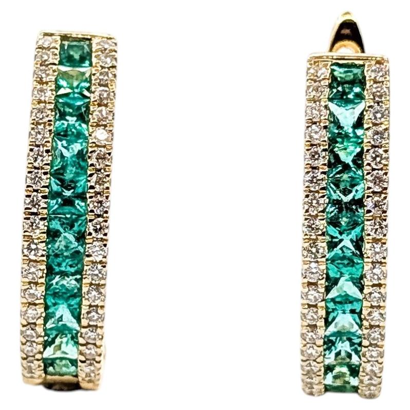 Emerald and Diamond Lever Back Earrings in 14k Yellow Gold