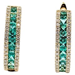 Emerald and Diamond Lever Back Earrings in 14k Yellow Gold
