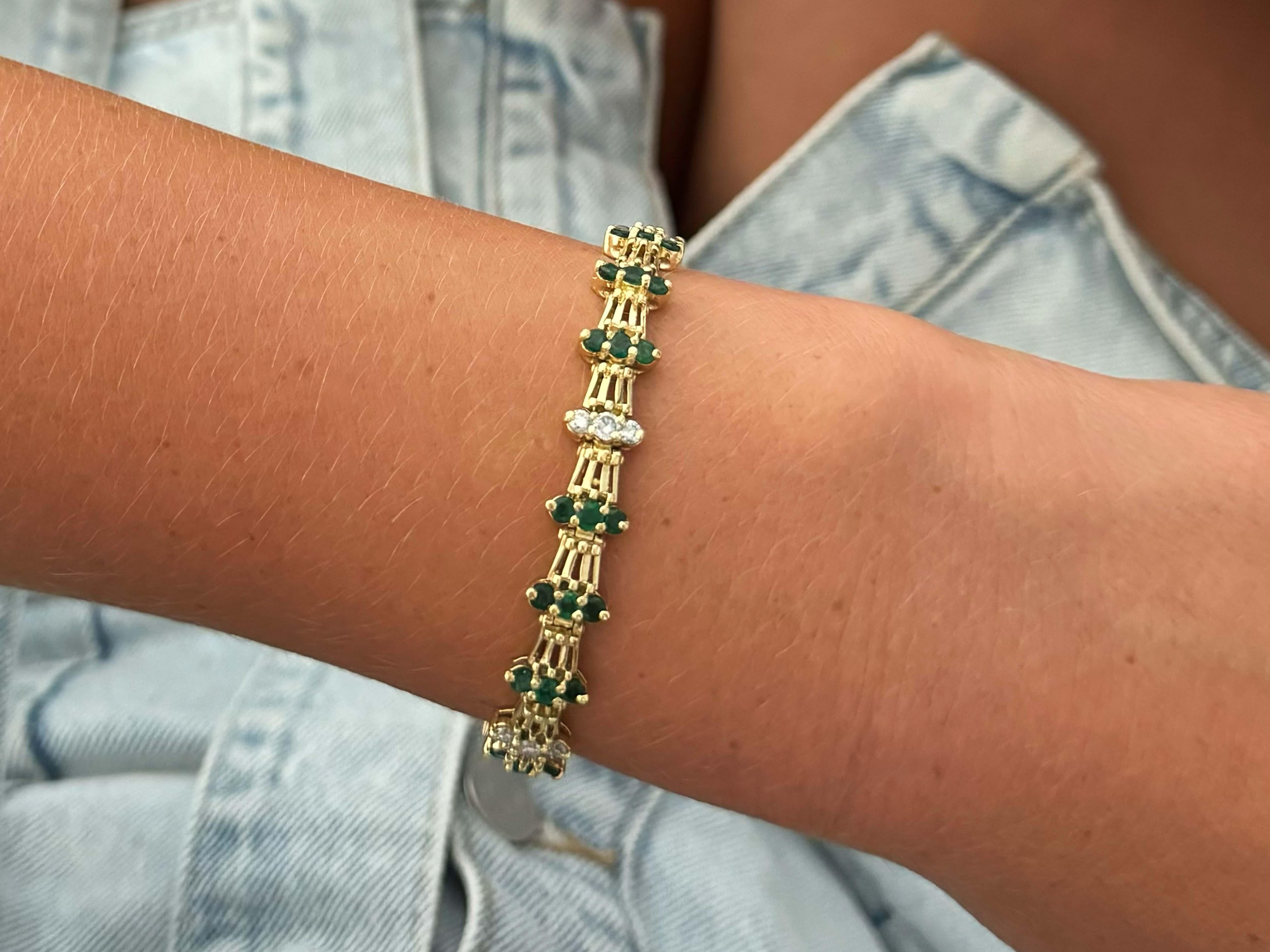 Bracelet Specifications:

Metal: 14k Yellow Gold

Emerald Count: 45 round green emeralds

Emerald Carat Weight: ~2.70 carats

Diamond Count: 15 brilliant 

Diamond Carat Weight: ~ 1.00 carats

Diamond Color: G-I

Diamond Clarity: SI1-I1

Bracelet